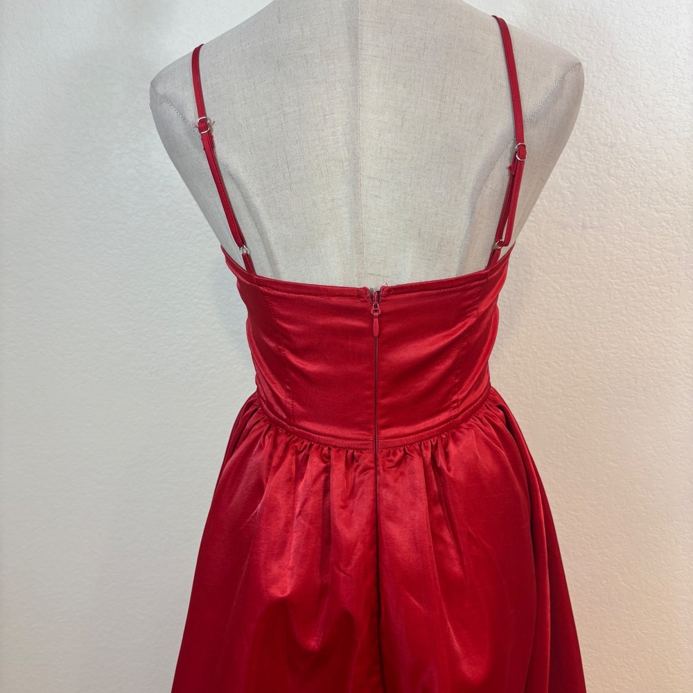 MABLE Bustier Midi Dress Womens S Red Satin A-Line Basque waist Cocktail Party - Picture 7 of 8
